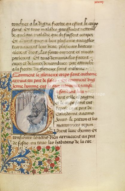Initial Q: The Ship of Bishop Theophilus with the Reliquary Shrine before the City..., about 1465-70 Creators: Master of the Brussels Romuléon, Workshop of the Master of the Brussels Romuléon.
