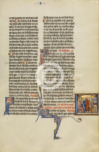 Initial Q: Three Men with a Purse before a Judge; Vidal Mayor, about 1290-1310. Creator: Unknown.