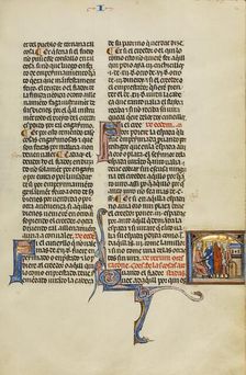 Initial Q: Three Men with a Purse before a Judge; Vidal Mayor, about 1290-1310. Creator: Unknown