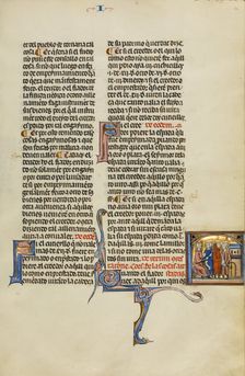 Initial Q: Three Men with a Purse before a Judge; Vidal Mayor, about 1290-1310. Creator: Unknown