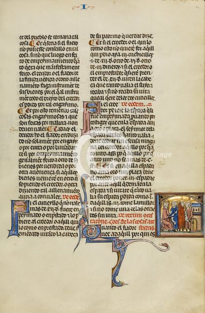 Initial Q: Three Men with a Purse before a Judge; Vidal Mayor, about 1290-1310. Creator: Unknown.