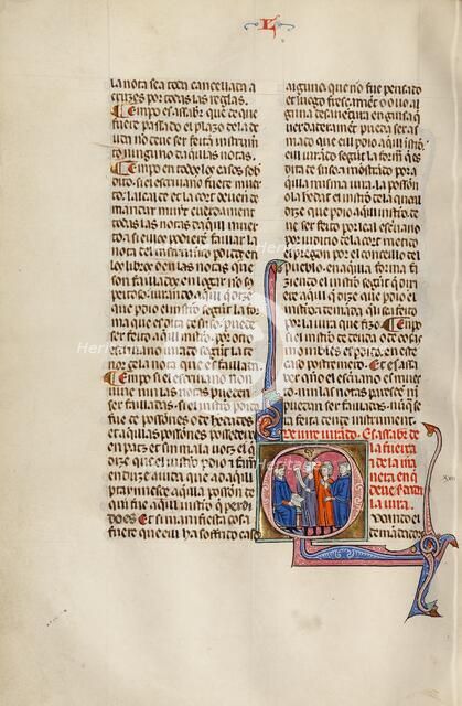 Initial Q: Three Men before a Judge Holding an Opened Book; Vidal Mayor, about 1290-1310. Creator: Unknown.