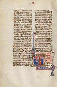 Initial Q: Three Men before a Judge Holding an Opened Book; Vidal Mayor, about 1290-1310. Creator: Unknown