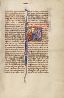 Initial Q: Three Men Standing before a Judge and Pointing to Two Men in..., about 1290-1310. Creator: Unknown