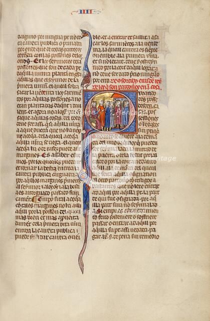 Initial Q: Three Men Standing before a Judge and Pointing to Two Men in..., about 1290-1310. Creator: Unknown.