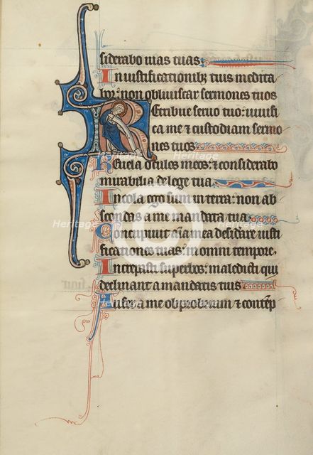 Initial R: A Saint Holding a Scroll; Bute Psalter, text and illumination about 1285. Creator: Bute Master.