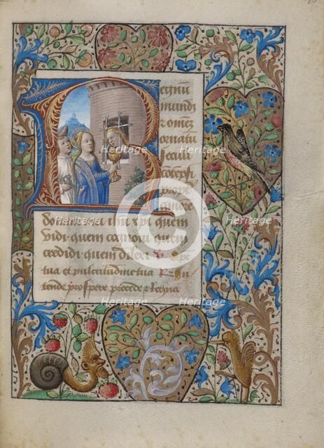 Initial R: Saint Avia in Prison Receiving Communion from the Virgin; Book of Hours, about 1480-1490. Creator: Georges Trubert.