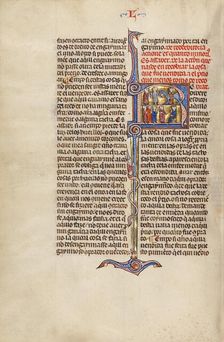 Initial R: Two Men Transacting the Sale of a Horse and Four Men before a Judge, about 1290-1310. Creator: Unknown