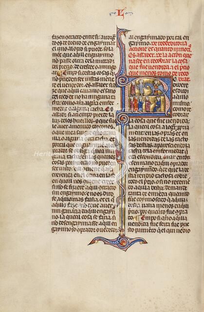 Initial R: Two Men Transacting the Sale of a Horse and Four Men before a Judge, about 1290-1310. Creator: Unknown.