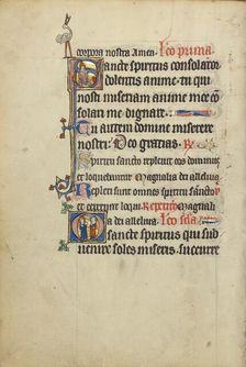 Initial S: A Bishop before a Fire: Initial O: A Nimbed Monk and a Female Saint, about 1300. Creator: Unknown