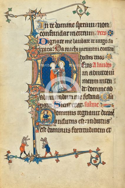 Initial S: A Devil Speaks to a Man with a Rod; Bute Psalter, text and illumination about 1285. Creator: Bute Master.
