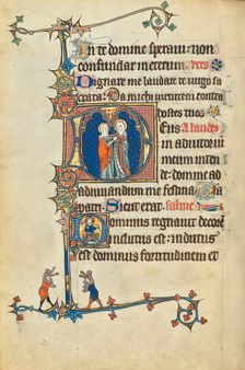 Initial S: A Devil Speaks to a Man with a Rod; Bute Psalter, text and illumination about 1285. Creator: Bute Master