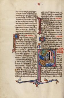 Initial S: A Dead Man Lying on the Ground as his Murderer Enters a Mill, about 1290-1310. Creator: Unknown