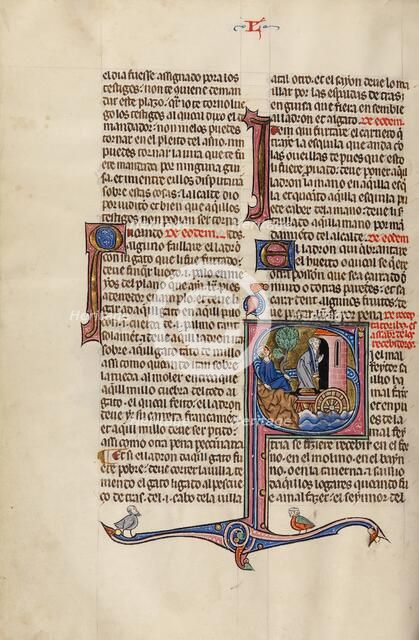Initial S: A Dead Man Lying on the Ground as his Murderer Enters a Mill, about 1290-1310. Creator: Unknown.