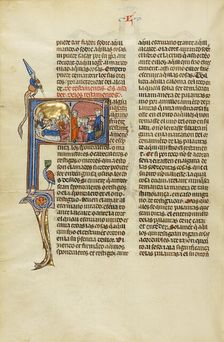 Initial S: A Family at the Bedside of a Man and Three Men before a Judge, about 1290-1310. Creator: Unknown