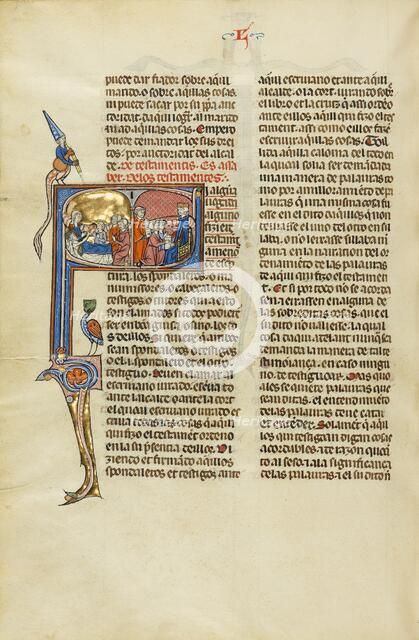 Initial S: A Family at the Bedside of a Man and Three Men before a Judge, about 1290-1310. Creator: Unknown.