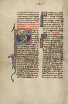 Initial S: A King and a Man Pointing to Two Others Chopping Trees; Vidal Mayor, about 1290-1310. Creator: Unknown