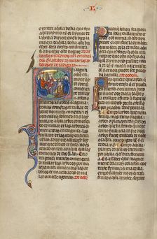 Initial S: A King and a Man Pointing to Two Others Chopping Trees; Vidal Mayor, about 1290-1310. Creator: Unknown