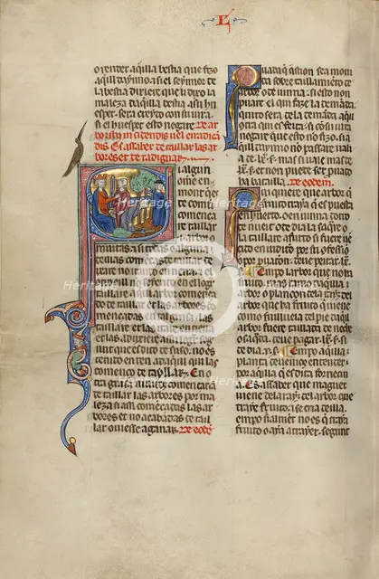 Initial S: A King and a Man Pointing to Two Others Chopping Trees; Vidal Mayor, about 1290-1310. Creator: Unknown.