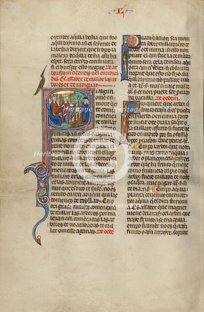 Initial S: A King and a Man Pointing to Two Others Chopping Trees; Vidal Mayor, about 1290-1310. Creator: Unknown.