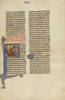 Initial S: A Judge with Two Men Pointing at Two Peacocks; Vidal Mayor, about 1290-1310. Creator: Unknown