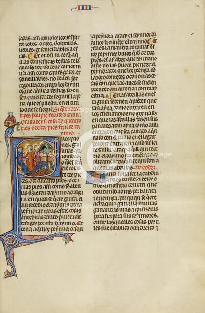 Initial S: A Judge with Two Men Pointing at Two Peacocks; Vidal Mayor, about 1290-1310. Creator: Unknown.