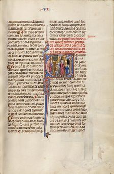 Initial S: A Mother Speaking to her Children and a Father...Vidal Mayor, about 1290-1310. Creator: Unknown