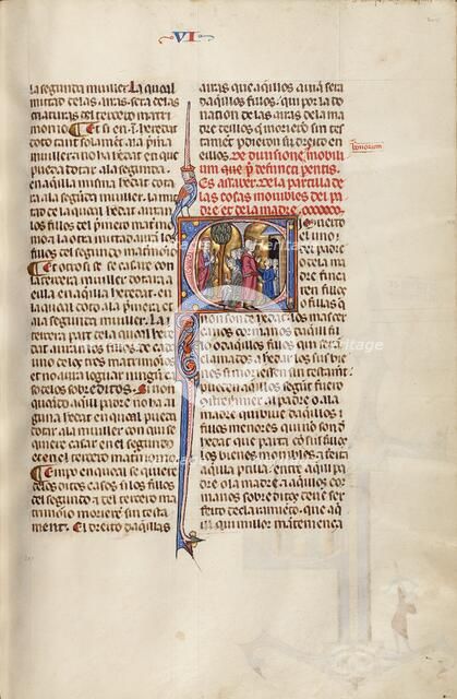 Initial S: A Mother Speaking to her Children and a Father...Vidal Mayor, about 1290-1310. Creator: Unknown.