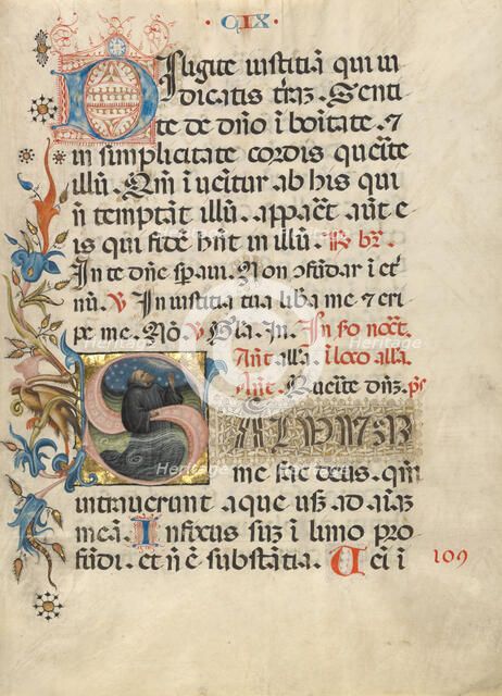 Initial S: A Monk Praying in the Water; Noted Breviary, about 1420. Creator: Unknown.