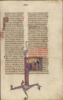 Initial S: A Man and a Woman Speaking while a Woman Stands Nearby with a Child..., about 1290-1310. Creator: Unknown