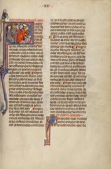 Initial S: A Man Who Has Killed Another Man Led by Soldiers before a Judge, about 1290-1310. Creator: Unknown