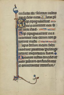 Initial S: A Man with a Cross Chasing Away Two Devils; Ruskin Hours, about 1300. Creator: Unknown