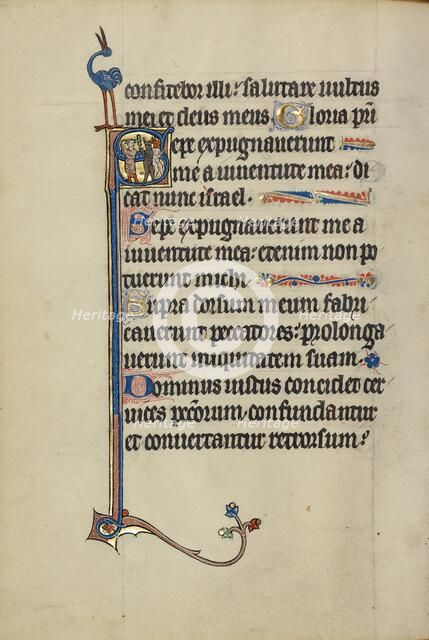 Initial S: A Man with a Cross Chasing Away Two Devils; Ruskin Hours, about 1300. Creator: Unknown.