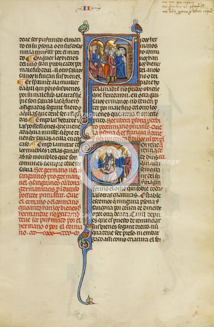 Initial S: A Soldier and a Family before a King: Initial P: Four Men before a King, about 1290-1310. Creator: Unknown.