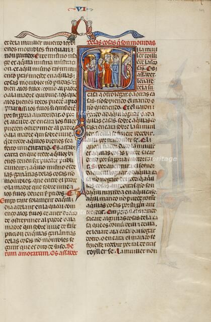 Initial S: A Woman Leaving Her Husband's House; Vidal Mayor, about 1290-1310. Creator: Unknown.