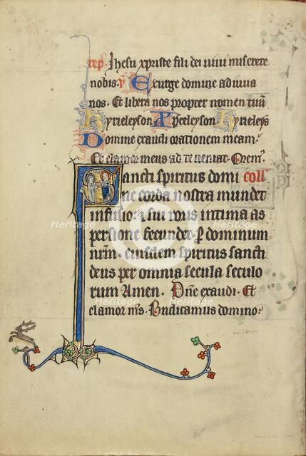 Initial S: A Young Saint Speaking with a Nimbed Female Saint; Ruskin Hours, about 1300. Creator: Unknown.
