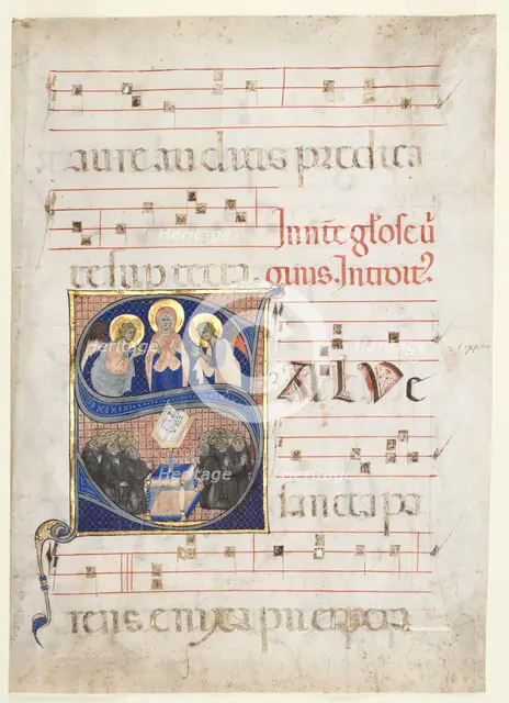 Initial S[alve sancta parens] with the Virgin Adored by Angels, and Singing Benedictine Monks..., c. Creator: Unknown.