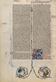 Initial S: Christ Delivering a Scroll to a Man; Abbey Bible, about 1250-1262. Creator: Unknown