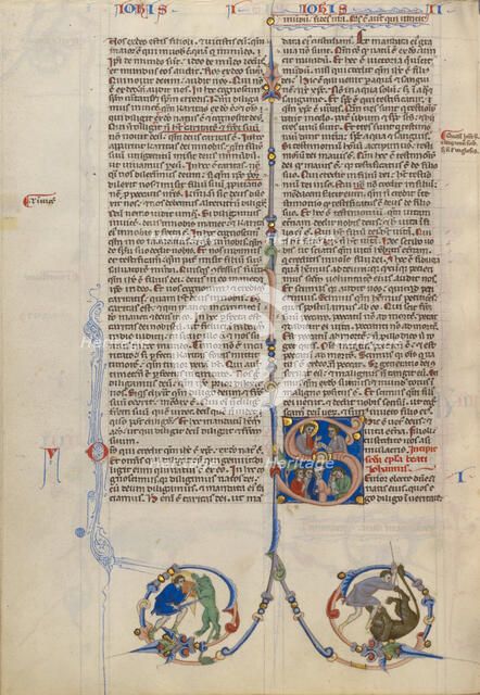 Initial S: Christ Delivering a Scroll to a Man; Abbey Bible, about 1250-1262. Creator: Unknown.