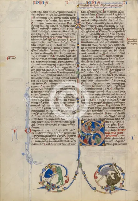 Initial S: Christ Delivering a Scroll to a Man; Abbey Bible, about 1250-1262. Creator: Unknown.