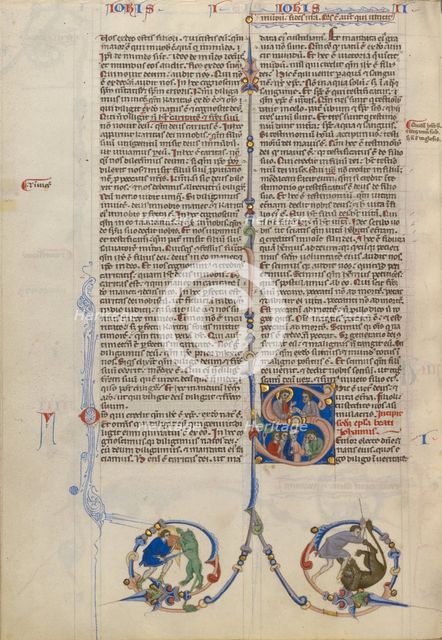 Initial S: Christ Delivering a Scroll to a Man; Abbey Bible, about 1250-1262. Creator: Unknown.