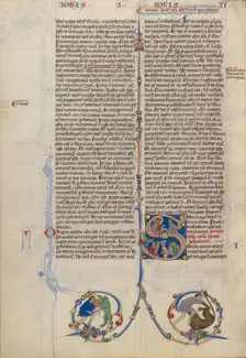 Initial S: Christ Delivering a Scroll to a Man; Abbey Bible, about 1250-1262. Creator: Unknown
