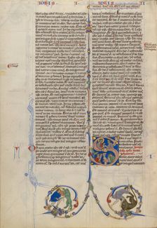 Initial S: Christ Delivering a Scroll to a Man; Abbey Bible, about 1250-1262. Creator: Unknown