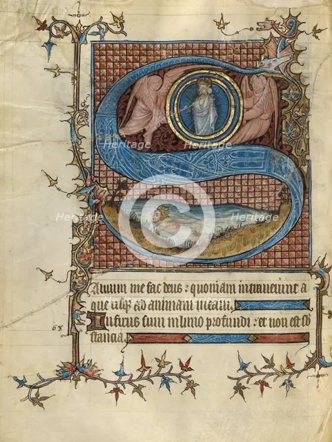 Initial S: David in the Water; Psalter, about 1390. Creator: Unknown.