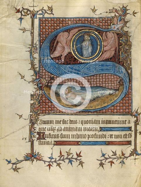 Initial S: David in the Water; Psalter, about 1390. Creator: Unknown.