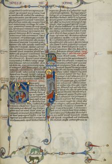 Initial S: Saint John Handing a Scroll to Two Men: Initial I: Saint Jude..., about 1250-1262. Creator: Unknown
