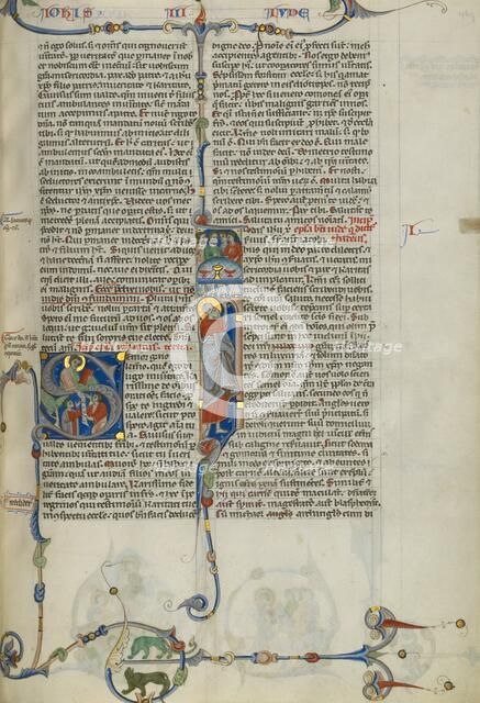 Initial S: Saint John Handing a Scroll to Two Men: Initial I: Saint Jude..., about 1250-1262. Creator: Unknown.