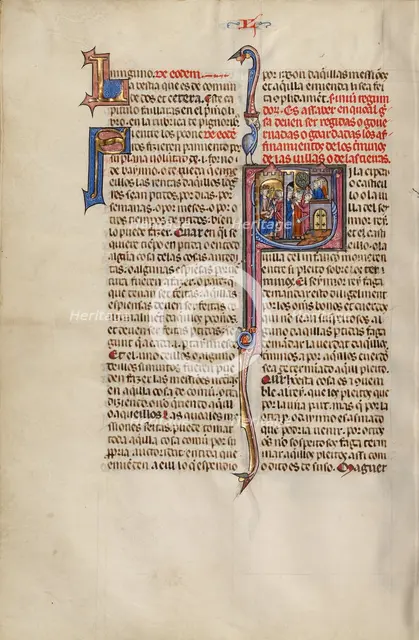 Initial S: Two Men before a King; Others Watching Two Men Fighting; Vidal Mayor, about 1290-1310. Creator: Unknown.