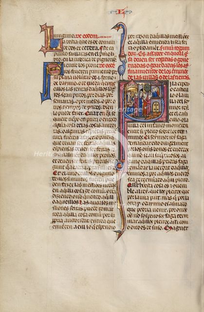 Initial S: Two Men before a King; Others Watching Two Men Fighting; Vidal Mayor, about 1290-1310. Creator: Unknown.