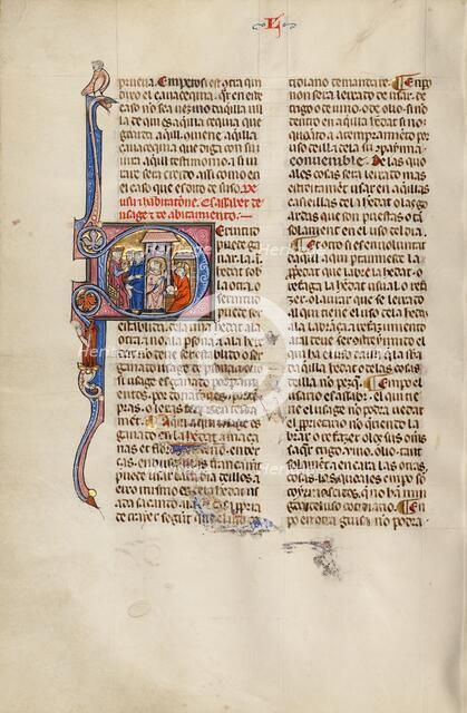 Initial S: Two Men before a Judge Pointing to a Man Working at an Anvil, about 1290-1310. Creator: Unknown.